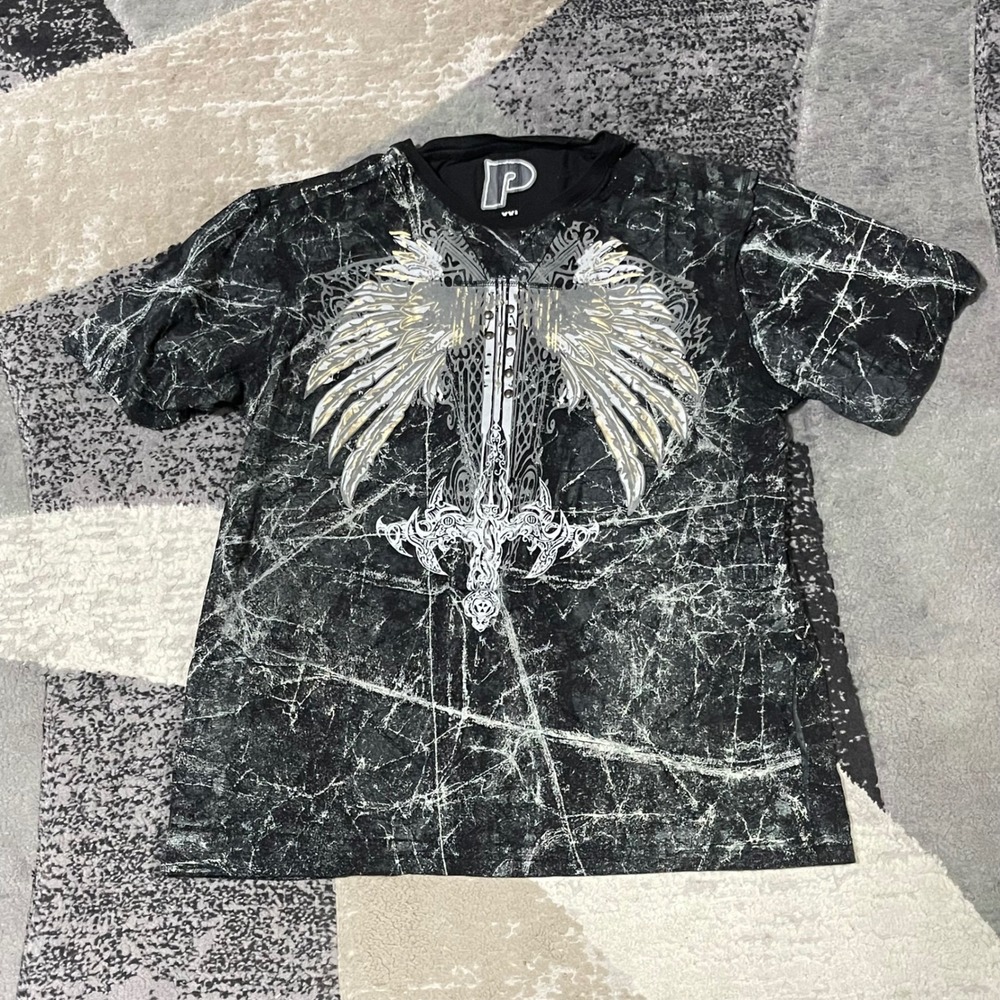 P Logo Graphic T Shirt Mens XXL Black Wing Sword Marble Print Distressed Y2K